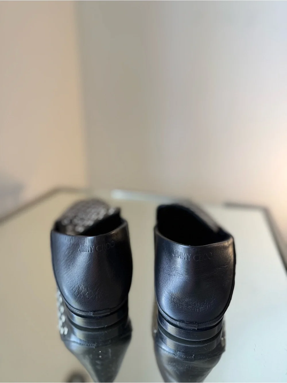 Jimmy Choo Eliot Slipper Black Metallic Nappa Leather Slippers with Eyelets